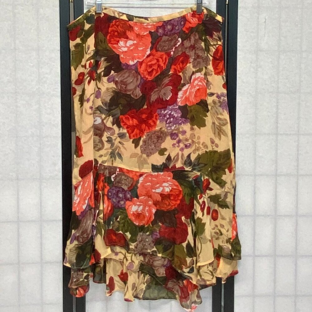 Chicos Design Flamenco Ruffled Asymmetrical Hi Low Sheer Floral Maxi Skirt 1X